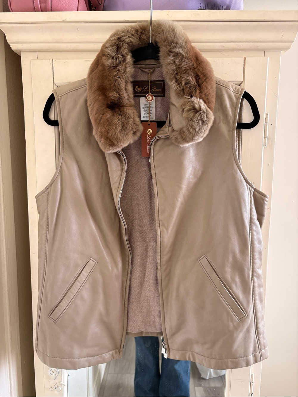 Loro Piana Beige Leather Vest with Brown Fur Collar